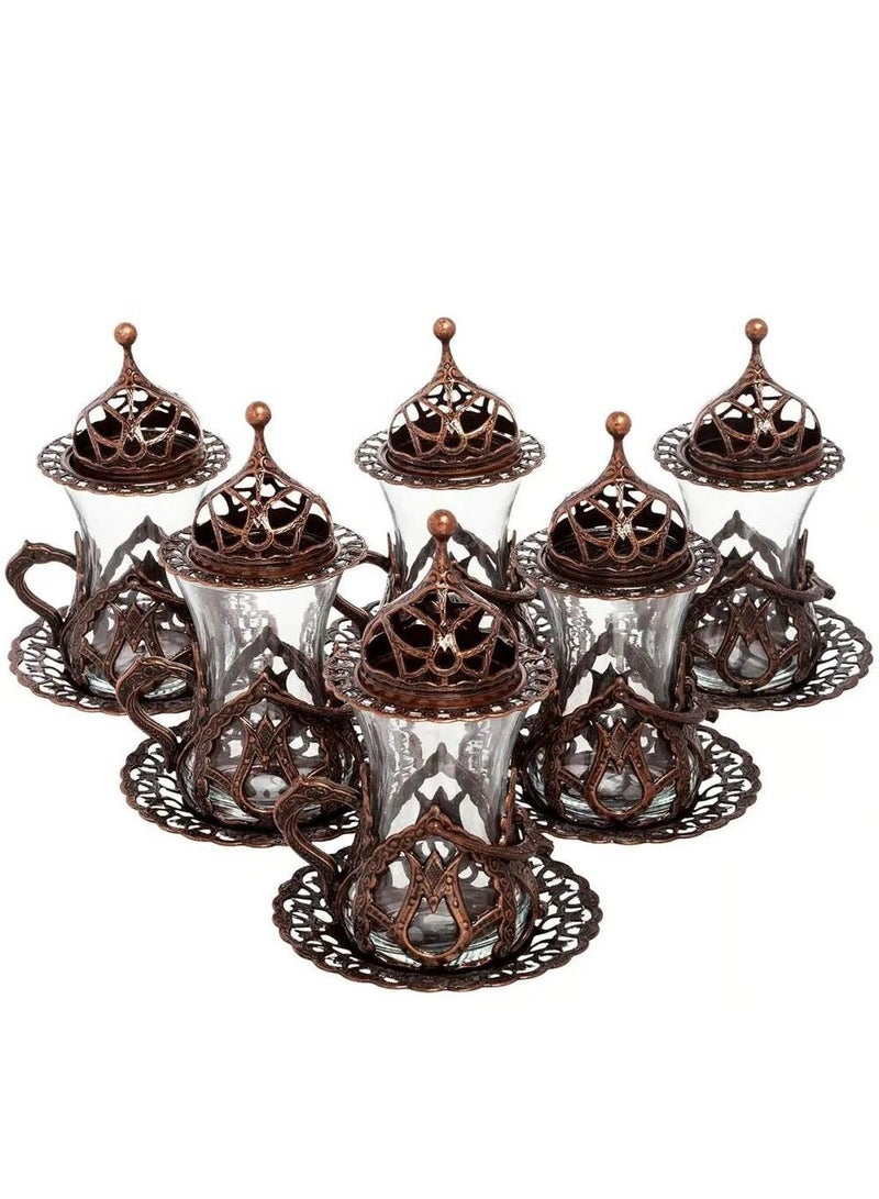 Acar Handmade Copper & Glass Turkish Tea Set (6 Glass Cups with Openable Tops (for Chocolate, Dates, or Turkish Delights) with Copper Saucers, Holders) – Antique Red Finish, Luxurious Design from Türkiye - Image 2